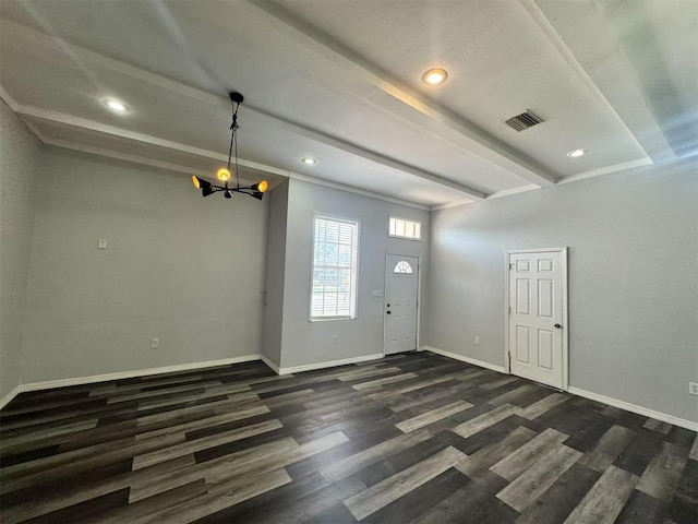 foyer entrance featuring dark wood finished floors, a chandelier, baseboards, beamed ceiling, and recessed lighting