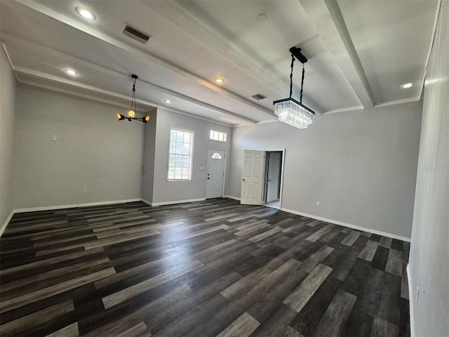unfurnished dining area with dark wood finished floors, baseboards, beam ceiling, recessed lighting, and a chandelier