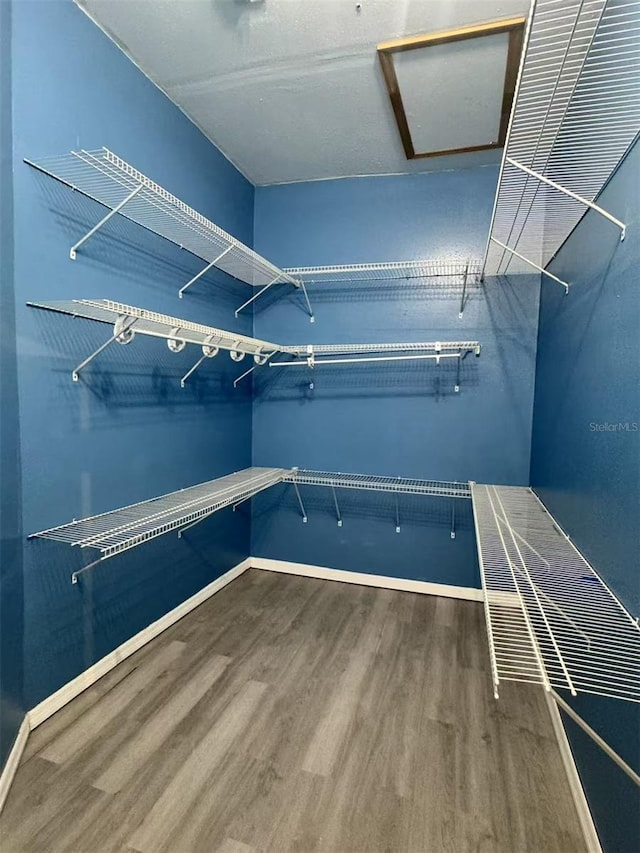 spacious closet featuring wood finished floors and attic access