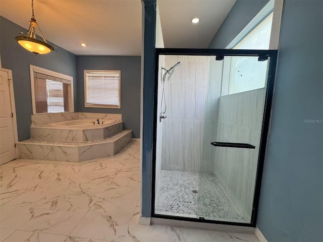 full bathroom featuring marble finish floors, a shower stall, a bath, baseboards, and recessed lighting