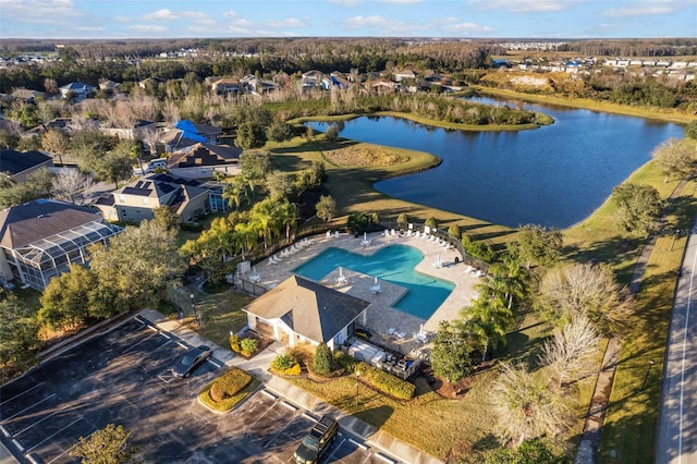 10837 Breaking Rocks Dr, Tampa, FL 33647 - aerial overview of property's location with a nearby body of water, a pool, and nearby suburban area