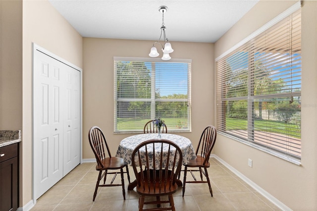 10837 Breaking Rocks Dr, Tampa, FL 33647 - dining area with light tile patterned floors, a chandelier, and baseboards