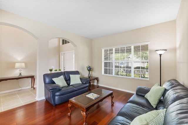 10837 Breaking Rocks Dr, Tampa, FL 33647 - living room with arched walkways, wood finished floors, and baseboards
