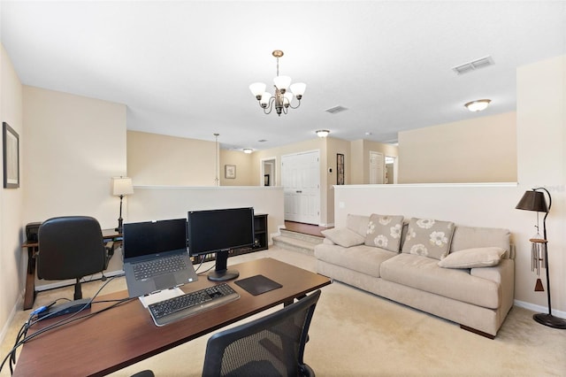 10837 Breaking Rocks Dr, Tampa, FL 33647 - carpeted home office featuring baseboards and a chandelier