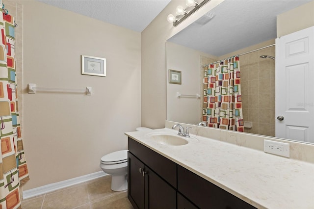 10837 Breaking Rocks Dr, Tampa, FL 33647 - full bathroom featuring toilet, vanity, tile patterned flooring, baseboards, and curtained shower