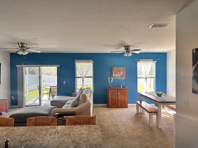 2987 Neverland Dr, New Smyrna Beach, FL 32168 - living area featuring a ceiling fan, a textured ceiling, carpet, plenty of natural light, and baseboards