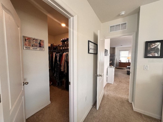 2987 Neverland Dr, New Smyrna Beach, FL 32168 - hallway with light carpet and baseboards