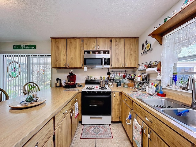 3544 Porter Rd, Lithia, FL 33547 - kitchen with stainless steel microwave, range with gas stovetop, a sink, a textured ceiling, and light countertops