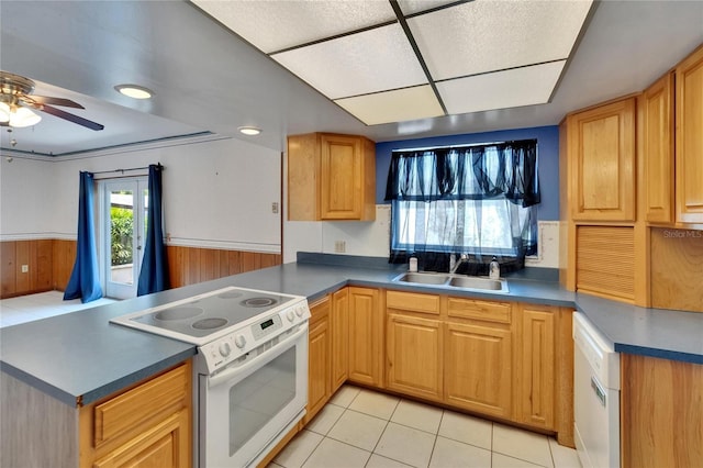 508 E Brentridge, Brandon, FL 33511 - kitchen with white appliances, a peninsula, a sink, a ceiling fan, and dark countertops