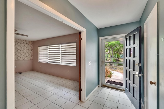 508 E Brentridge, Brandon, FL 33511 - entrance foyer with light tile patterned floors, ceiling fan, and wallpapered walls