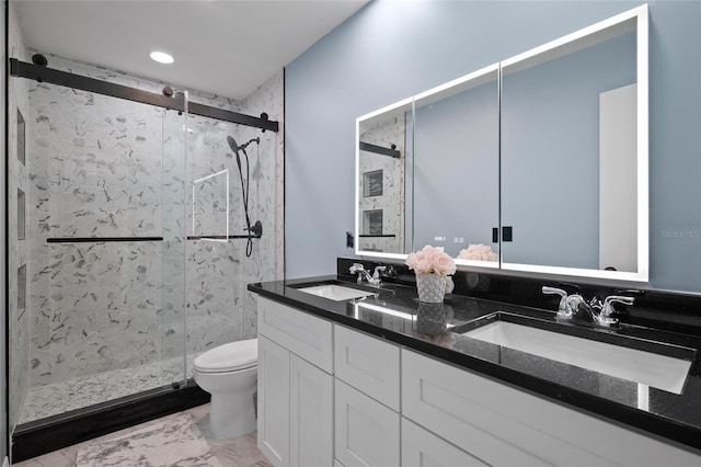 3413 W Kirby St, Tampa, FL 33614 - bathroom with a stall shower, toilet, marble finish floors, recessed lighting, and double vanity