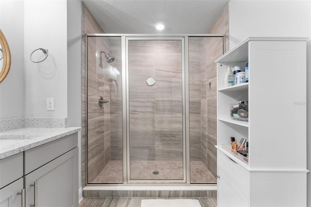 412 S Albany Ave Unit 2, Tampa, FL 33606 - full bathroom with a shower stall, vanity, a textured ceiling, and wood finished floors