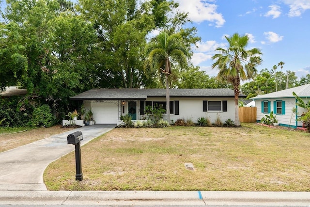ranch-style home with a garage, concrete driveway, and stucco siding