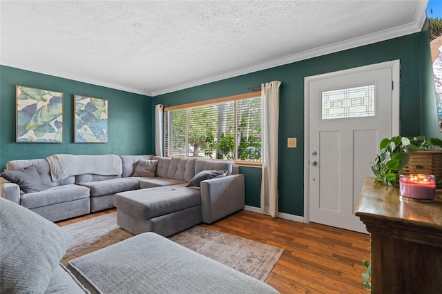living area with crown molding, wood finished floors, a textured ceiling, and baseboards