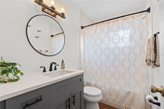 full bath featuring toilet, vanity, and wood finished floors