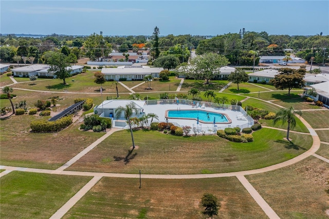aerial perspective of suburban area with a pool area