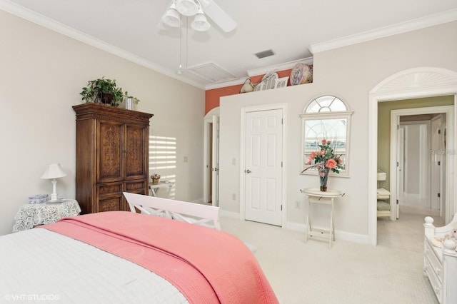 919 Ballinger Rd, Lutz, FL 33548 - bedroom featuring attic access, light colored carpet, ornamental molding, and ceiling fan