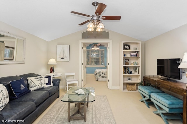 919 Ballinger Rd, Lutz, FL 33548 - living room with carpet flooring, ceiling fan, vaulted ceiling, and built in features