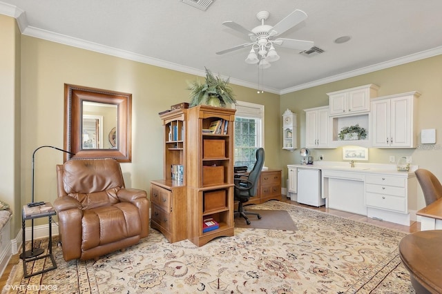 919 Ballinger Rd, Lutz, FL 33548 - office area featuring light wood finished floors, crown molding, and a ceiling fan