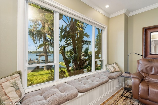 919 Ballinger Rd, Lutz, FL 33548 - sitting room featuring a water view, crown molding, and wood finished floors