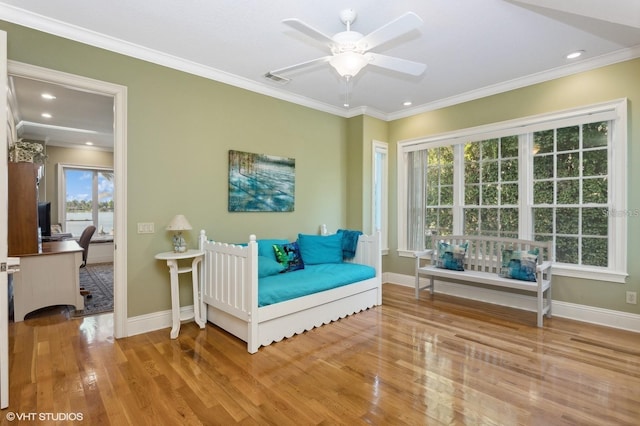 919 Ballinger Rd, Lutz, FL 33548 - sitting room with wood finished floors, a desk, a ceiling fan, crown molding, and recessed lighting