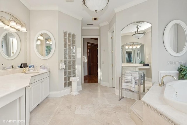 919 Ballinger Rd, Lutz, FL 33548 - bathroom featuring a whirlpool tub, a chandelier, vanity, and ornamental molding