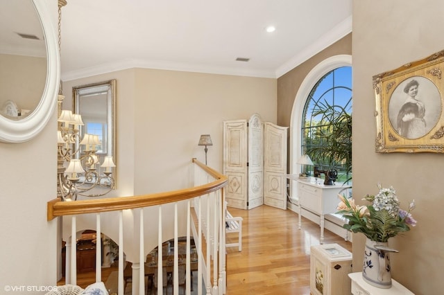 919 Ballinger Rd, Lutz, FL 33548 - hall featuring ornamental molding, light wood-style flooring, and recessed lighting