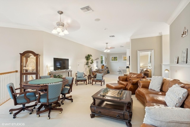 919 Ballinger Rd, Lutz, FL 33548 - living area featuring crown molding, ceiling fan, light carpet, and a desk