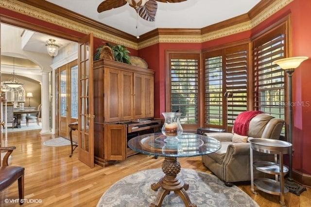 919 Ballinger Rd, Lutz, FL 33548 - sitting room with ceiling fan, light wood-style flooring, ornamental molding, and healthy amount of natural light
