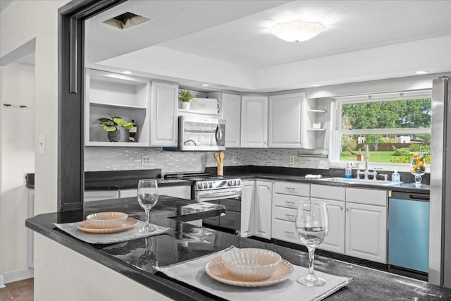 903 Tomahawk Trl, Brandon, FL 33511 - kitchen with open shelves, appliances with stainless steel finishes, a sink, dark countertops, and recessed lighting
