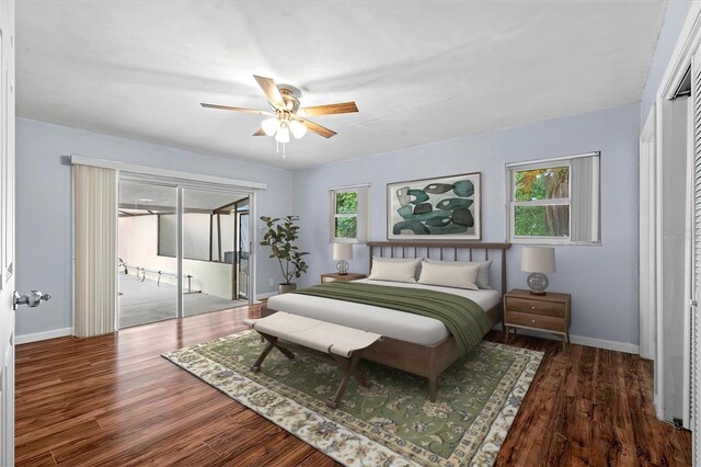 903 Tomahawk Trl, Brandon, FL 33511 - bedroom with access to outside, wood finished floors, baseboards, and ceiling fan