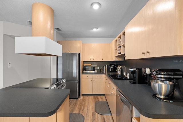 8001 N Ola Ave, Tampa, FL 33604 - kitchen featuring a sink, stainless steel appliances, light brown cabinets, and dark countertops