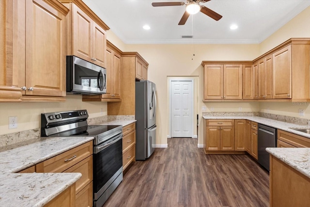 kitchen with stainless steel appliances, a ceiling fan, dark wood-style flooring, light stone counters, and recessed lighting
