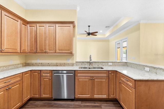 kitchen with stainless steel dishwasher, a sink, a ceiling fan, dark wood-style flooring, and crown molding