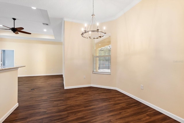unfurnished dining area featuring a chandelier, crown molding, ceiling fan, baseboards, and dark wood-type flooring