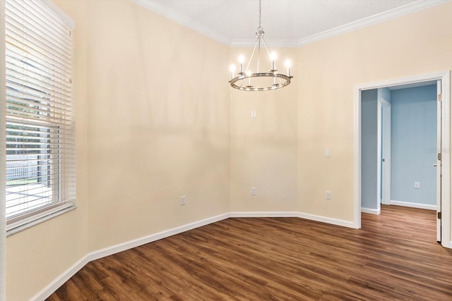 unfurnished dining area featuring a chandelier, dark wood-style floors, crown molding, and baseboards