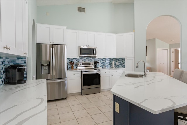 7838 Trail Run Loop, New Port Richey, FL 34653 - kitchen featuring stainless steel appliances, a sink, arched walkways, tasteful backsplash, and vaulted ceiling