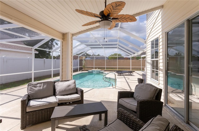 7838 Trail Run Loop, New Port Richey, FL 34653 - view of pool featuring a fenced backyard, a patio, a lanai, outdoor lounge area, and a ceiling fan