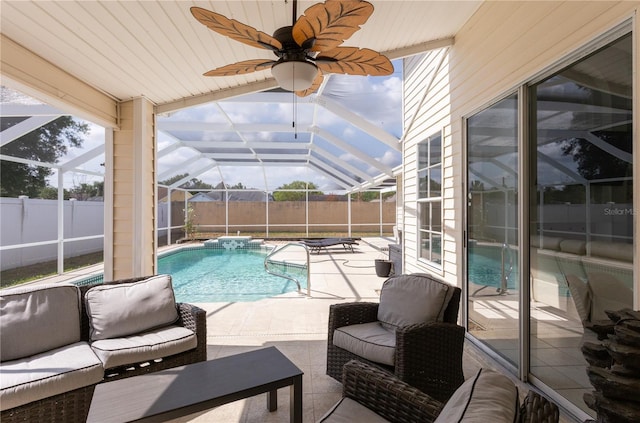 7838 Trail Run Loop, New Port Richey, FL 34653 - view of swimming pool with a fenced backyard, a patio, glass enclosure, and ceiling fan