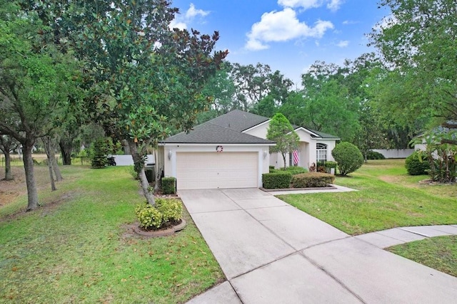 ranch-style house with stucco siding, driveway, an attached garage, and a front yard
