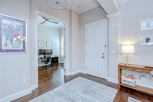 5728 Watercolor Dr, Lithia, FL 33547 - foyer entrance featuring ornamental molding, dark wood-style floors, ceiling fan, and baseboards