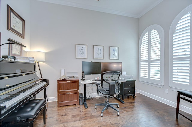 5728 Watercolor Dr, Lithia, FL 33547 - office featuring crown molding, wood finished floors, and baseboards