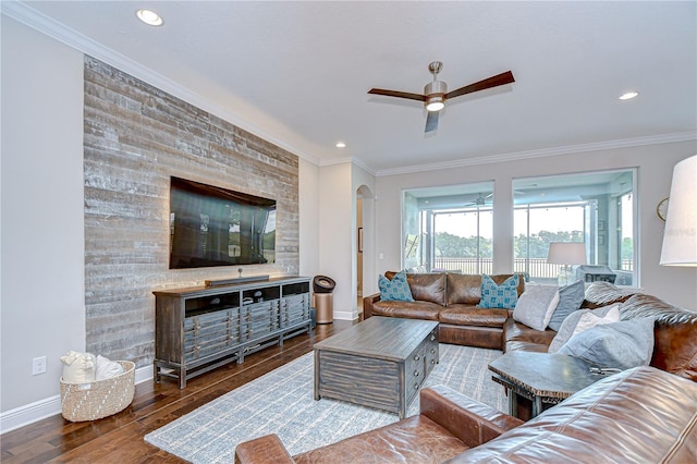 5728 Watercolor Dr, Lithia, FL 33547 - living area with ceiling fan, baseboards, crown molding, wood finished floors, and recessed lighting
