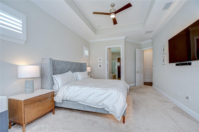 5728 Watercolor Dr, Lithia, FL 33547 - bedroom with light carpet, a raised ceiling, baseboards, and a ceiling fan