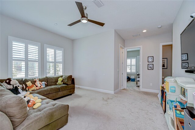 5728 Watercolor Dr, Lithia, FL 33547 - living area featuring a ceiling fan, light carpet, baseboards, and recessed lighting