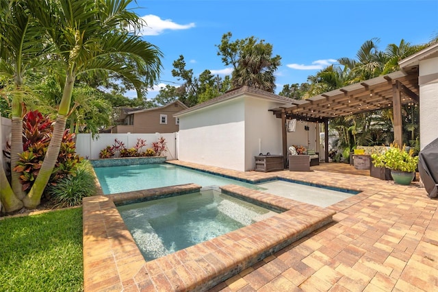 1436 30th Ave N, Saint Petersburg, FL 33704 - view of swimming pool featuring a pergola, a fenced backyard, a patio area, and a pool with connected hot tub