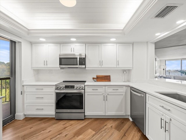 5700 Escondida Blvd S Unit 401, Saint Petersburg, FL 33715 - kitchen with appliances with stainless steel finishes, a raised ceiling, light wood-style floors, white cabinetry, and crown molding