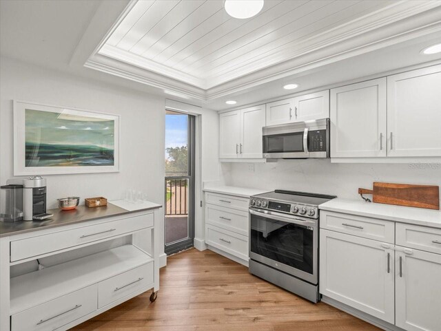 5700 Escondida Blvd S Unit 401, Saint Petersburg, FL 33715 - kitchen featuring stainless steel appliances, white cabinets, a tray ceiling, recessed lighting, and light countertops