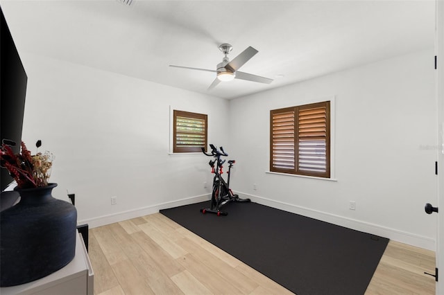 4618 Bayshore Blvd NE, Saint Petersburg, FL 33703 - workout area with a ceiling fan, light wood-style floors, and baseboards