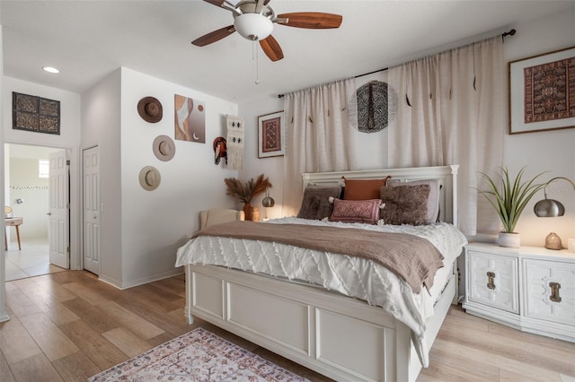 bedroom with light wood-style flooring, recessed lighting, baseboards, and ceiling fan